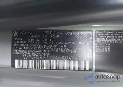 2004 BMW M3 from USA, damaged, VIN WBSBR93424PK04743